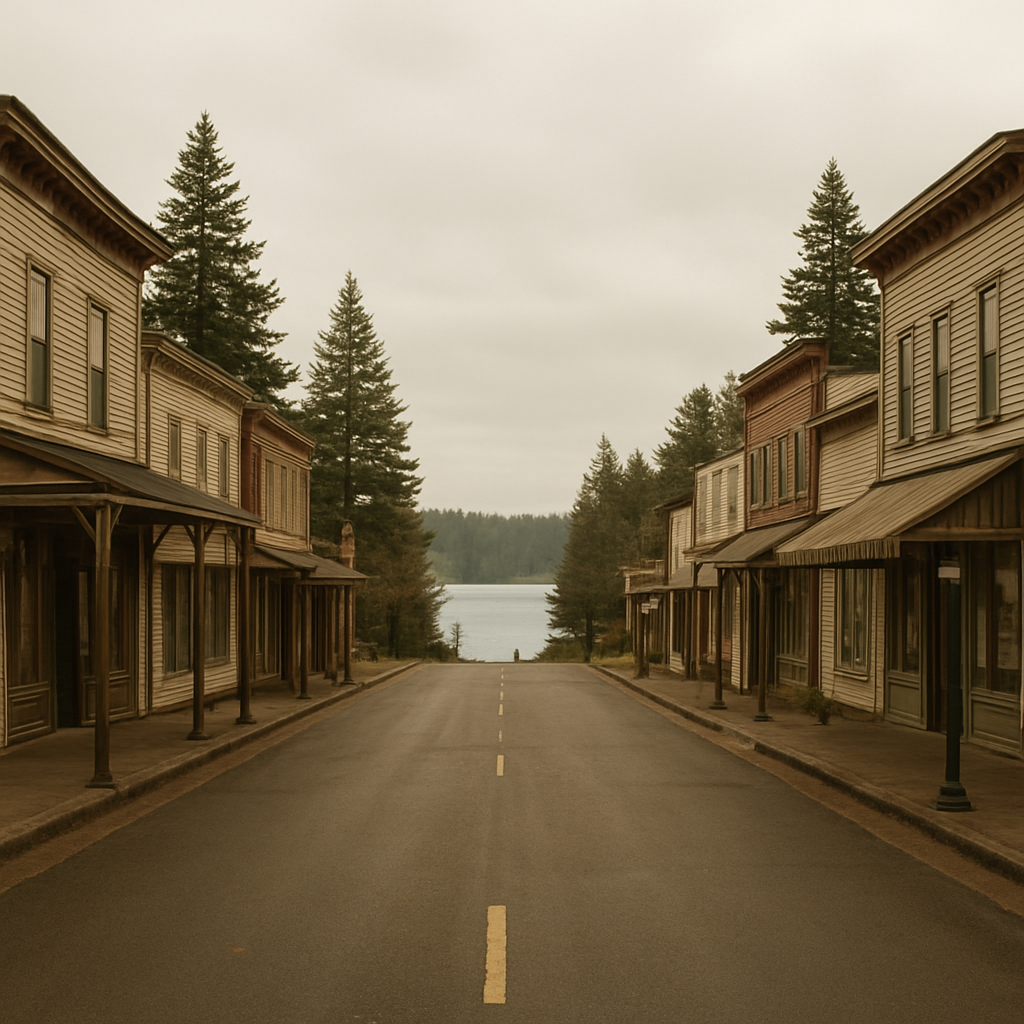 Historic Main Street storefronts in downtown Lake Stevens with the lake in the distance
