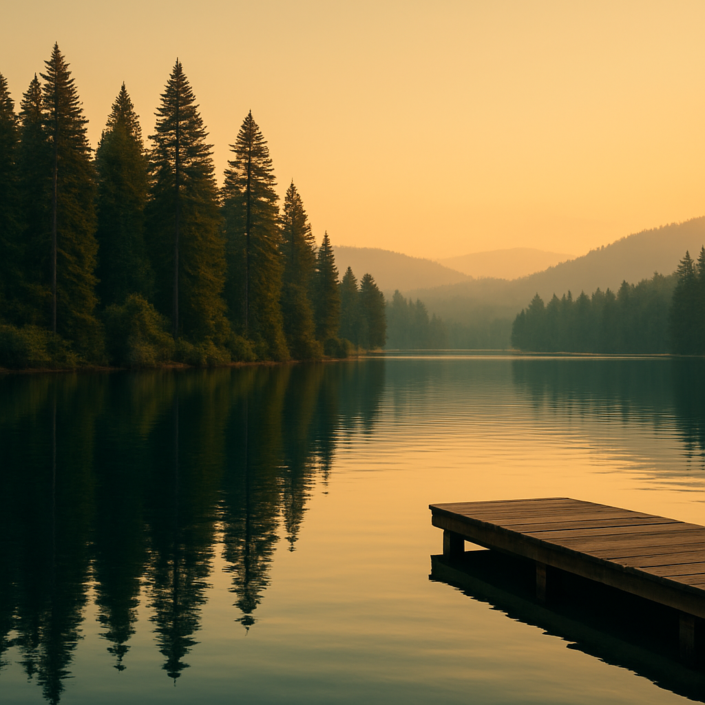 Calm morning light over the North Cove of Lake Stevens, ringed by evergreen trees