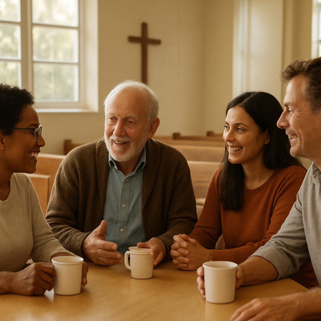 A small, friendly group sharing coffee and conversation after a Sunday gathering